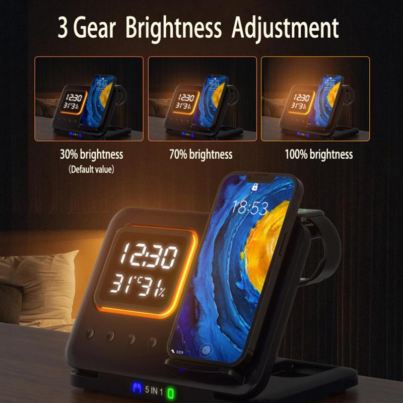 15W Wireless Chargers Stand 5 In1 LED Digital Alarm Clock Fast Charging Dock Station - TrendyPrime