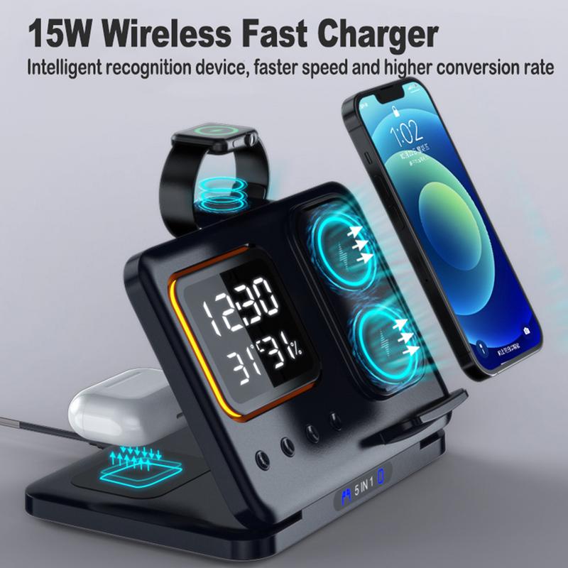 15W Wireless Chargers Stand 5 In1 LED Digital Alarm Clock Fast Charging Dock Station - TrendyPrime