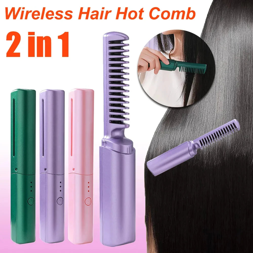 Professional Wireless Hair Straightener Curler Comb Fast Heating Negative Ion Straightening Curling Brush Hair Styling Tools - TrendyPrime