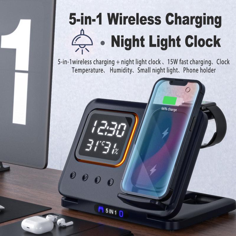15W Wireless Chargers Stand 5 In1 LED Digital Alarm Clock Fast Charging Dock Station - TrendyPrime